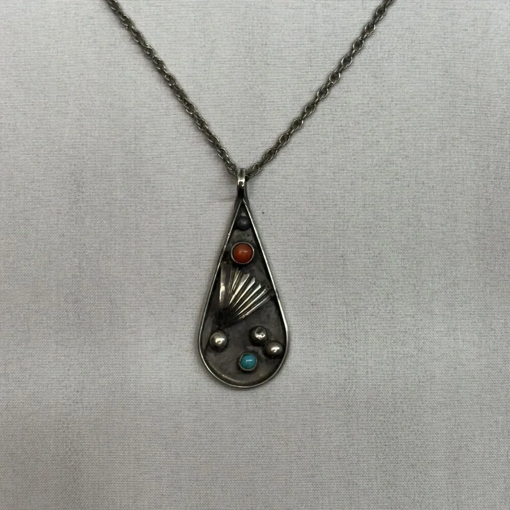 Vintage Southwestern Sterling Turquoise Coral Pitot Point Teardrop Pendant
